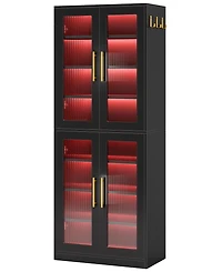 Tribesigns Bookcase with Doors and Led Light, 67-inch Tall Bookshelf 8-Tier Adjustable Shelves Hanging Hooks, Freestanding Storage Cabinet