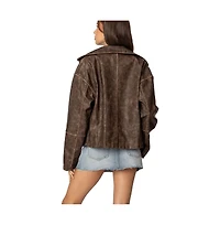 Edikted Womens Oversized Washed Faux Leather Jacket