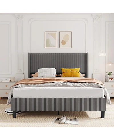 gaomon Queen Size Bed Frame, Upholstered Platform Corduroy Bed Frame with Vertical Channel Tufted Wingback Headboard