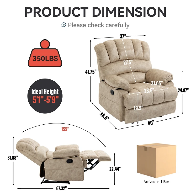 Mondawe Large Manual Recliner Chair Fabric For Living Room
