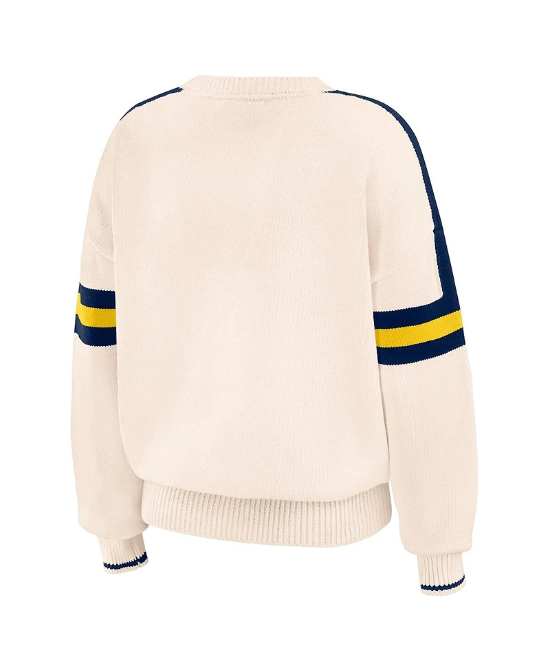 Wear by Erin Andrews Women's Cream Michigan Wolverines Chenille Woven Patch Stripe Pullover Sweatshirt