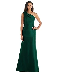 Alfred Sung Plus Bow One-Shoulder Satin Trumpet Gown