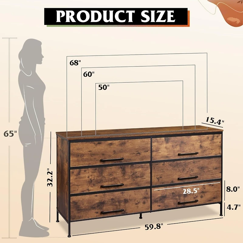 Wlive Wide Fabric Dresser 6 Drawer Tv Stand for 68" Dressers Bedroom Furniture Large Storage Tower Unit with Bins Bedroo