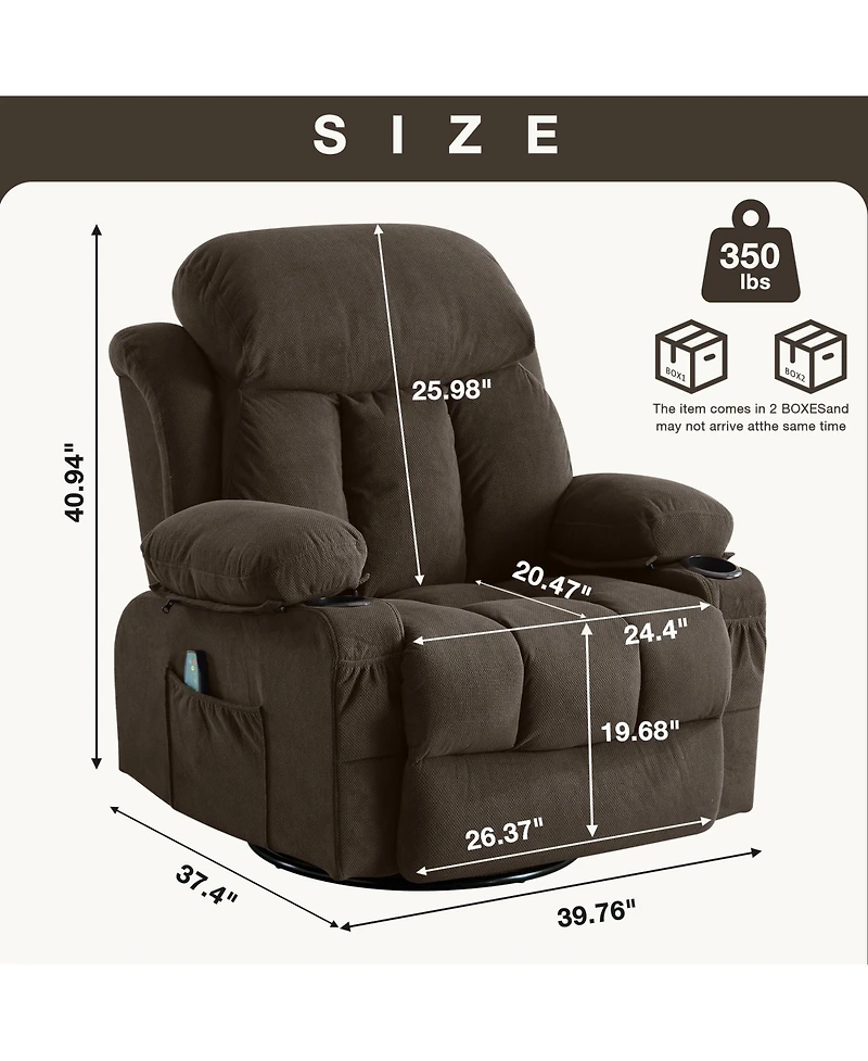 Swinging Recliner Massage Heated Sofa with Usb and 2 Cup Holders
