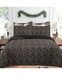 MarCielo 3 Pcs Festive Christmas Quilt Bedspread Set Holiday Bedding Holly Berry Tree King
