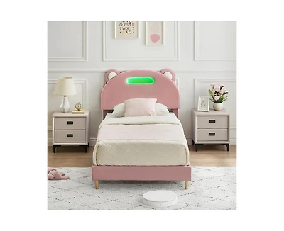 gaomon Led Twin Bed Frame with Upholstered Adjustable Headboard, Velvet Platform, Wooden Slat Support, Noise-Free, No Box Spring Needed, Easy Assembly