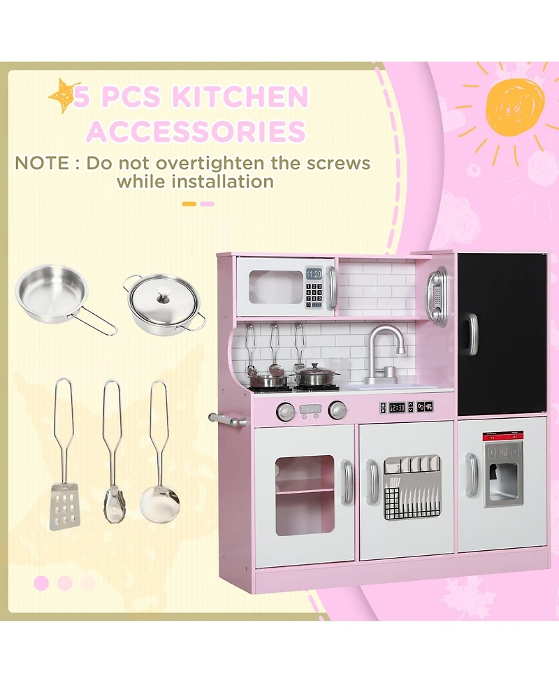 Qaba Play Kitchen, Kids Kitchen Playset w/ Phone & Chalkboard,
