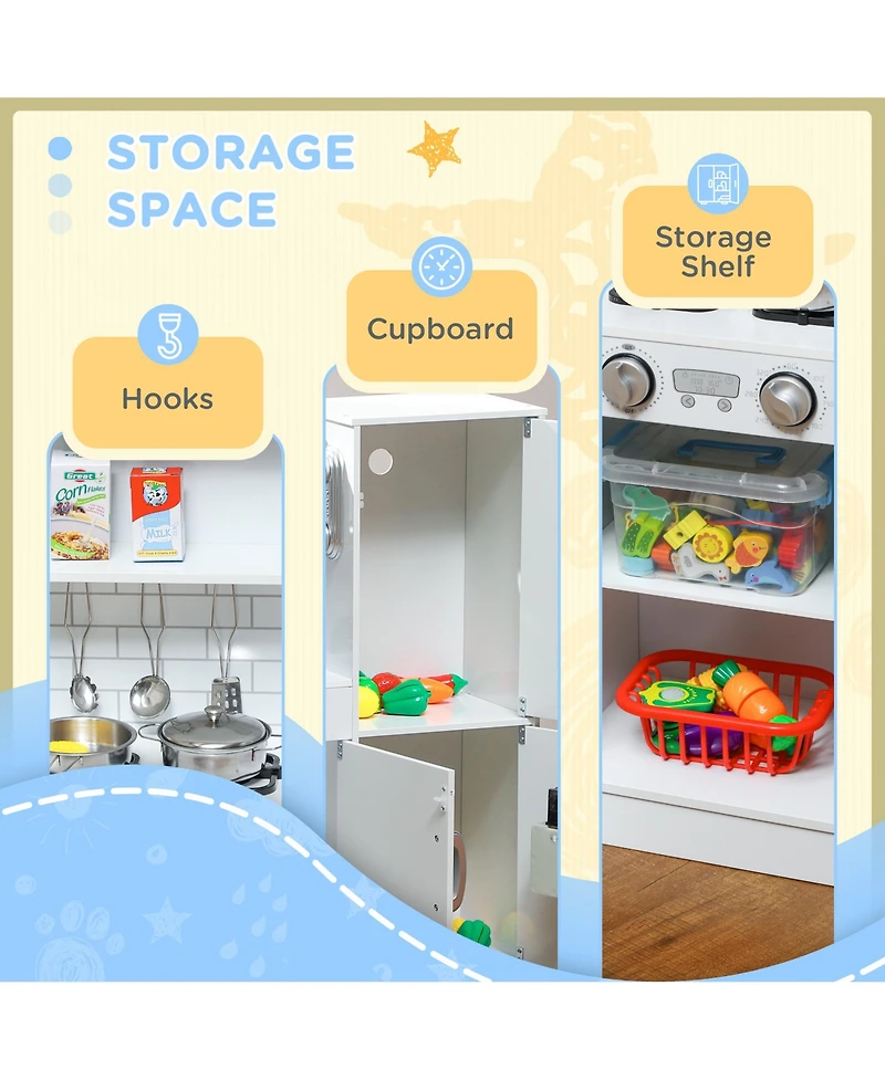 Qaba Play Kitchen, Kids Kitchen Playset w/ Play Phone & Chalkboard,