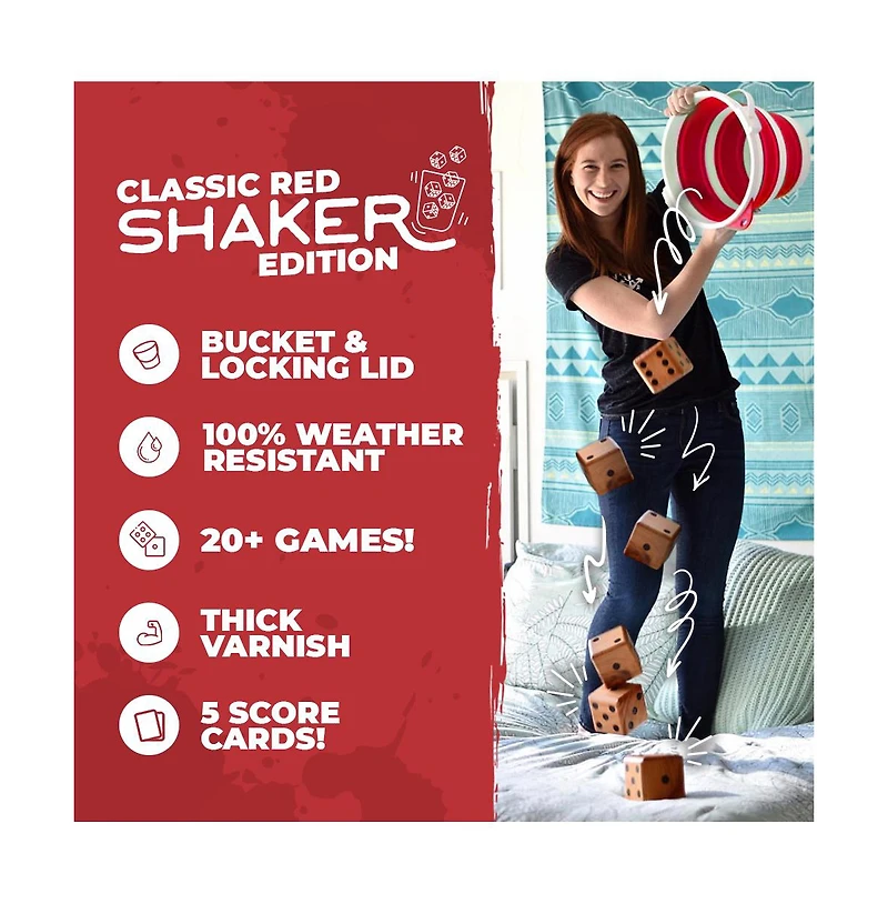 Swooc Games - Yardzee, Farkle & 20+ Classic Red Shaker Edition (All Weather) with Collapsible Bucket, Lid Score Cards
