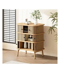 gaomon Fluted 3 Drawer Nightstand With Sliding Door, Mid Century Wooden 3 Drawer Dresser, Chest Of Storage Drawer, Side Table For Bedroom