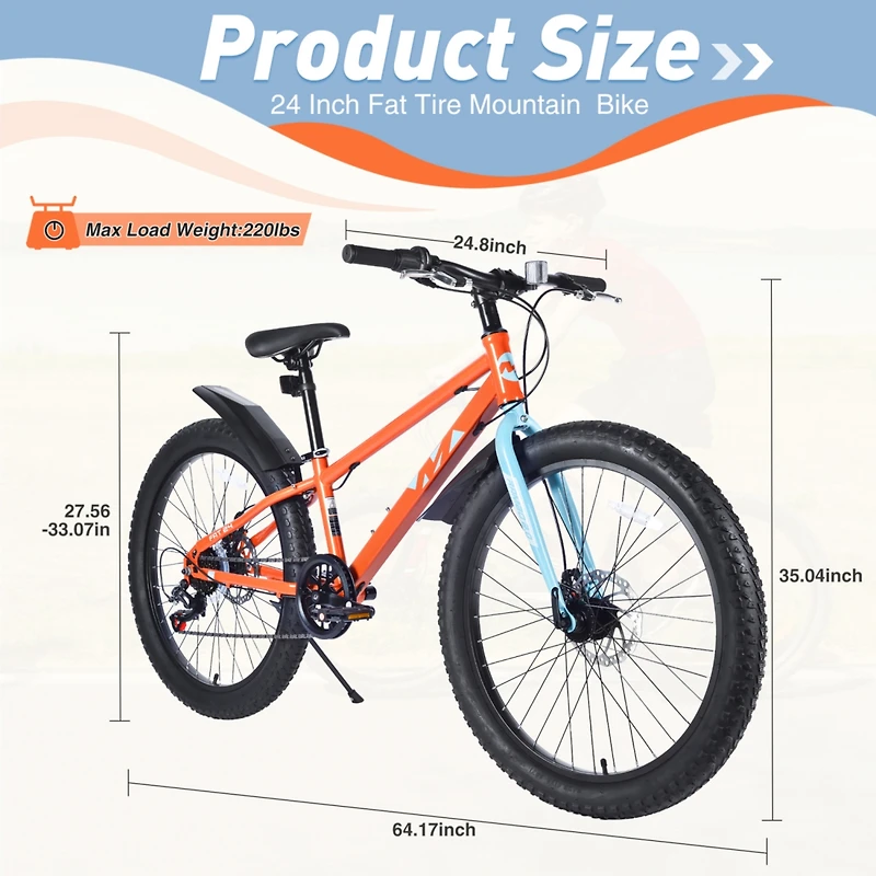 Streamdale Boys'/Girls' 24" Fat Tire Mountain Bike, 7-Speed
