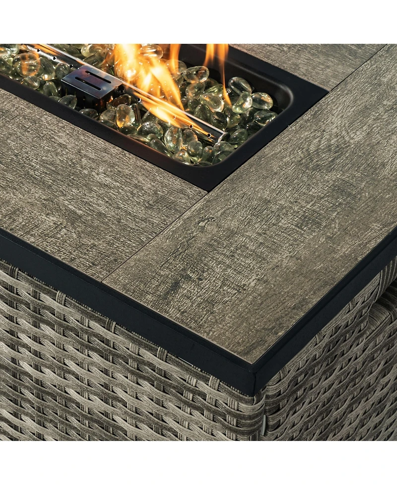 Streamdale Beige Rattan Fire Pit Table with Tank Holder and Ceramic Tile Tabletop