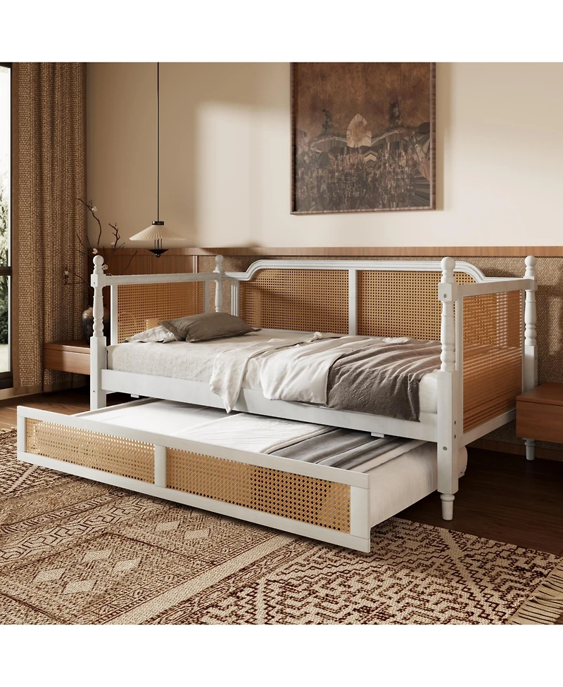 Streamdale Furniture Traditional Style Rattan Twin Size Daybed with Twin Size Trundle for Limited Space, Guest Room, No Box Spring Needed,Antique Whit