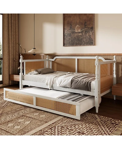 Streamdale Furniture Traditional Style Rattan Twin Size Daybed with Twin Size Trundle for Limited Space, Guest Room, No Box Spring Needed,Antique Whit
