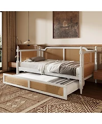 Streamdale Furniture Traditional Style Rattan Twin Size Daybed with Twin Size Trundle for Limited Space, Guest Room, No Box Spring Needed,Antique Whit