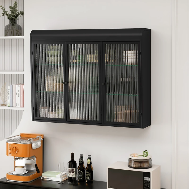 Streamdale Furniture 3 Door Arched Wall Mounted Glass Cabinets for Kitchen, Living Room and Bathroom(Black)