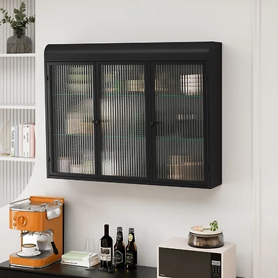 Streamdale Furniture 3 Door Arched Wall Mounted Glass Cabinets for Kitchen, Living Room and Bathroom(Black)