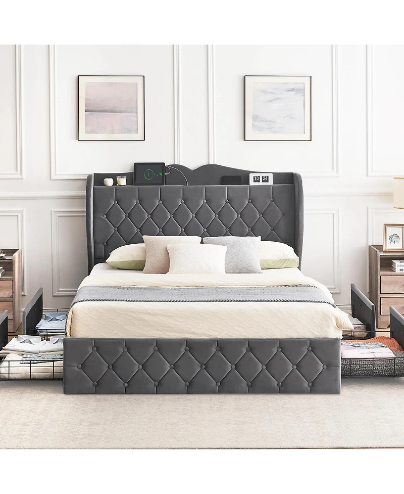gaomon Full Size Grey Velvet Bed Frame with 4 Convenient Storage Drawers, Wingback Headboard with Charging Station