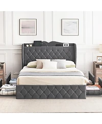 gaomon Full Size Grey Velvet Bed Frame with 4 Convenient Storage Drawers, Wingback Headboard with Charging Station