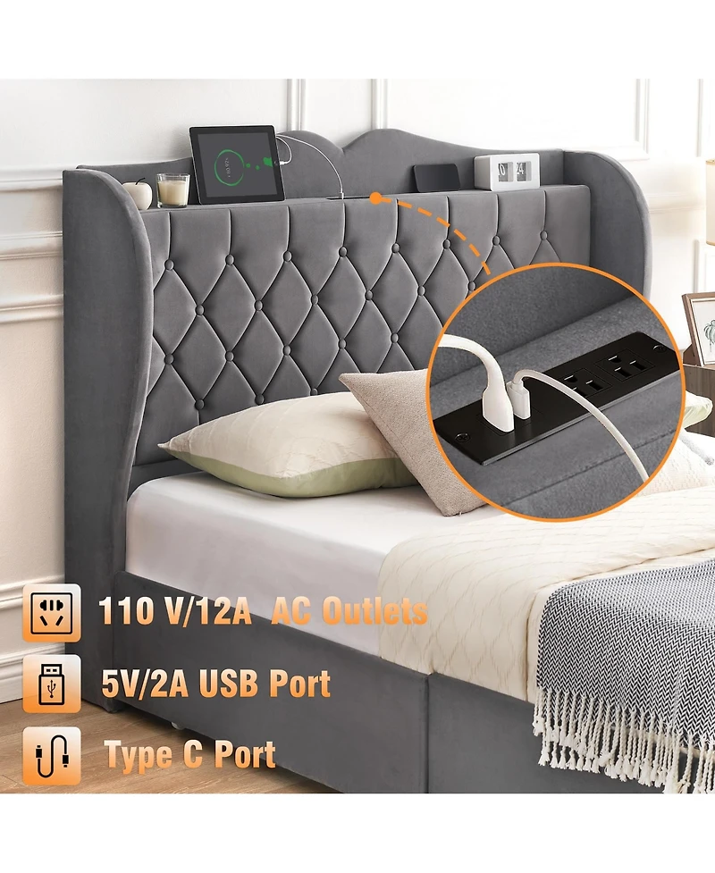 gaomon Queen Size Grey Velvet Bed Frame with 4 Convenient Storage Drawers