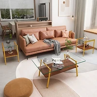 Coffee Table and End tables Set of 3, Tempered Glass Table with Mdf layer, Modern Tables for Living Room, Transparent Glass