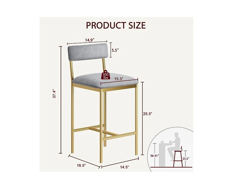 gaomon Bar Stools Set of 2, Kitchen Bar Stools with Footrest, 25.5 Inches Upholstered Bar Chairs with Back, 2 Counter Height Barstools for Counter Bar