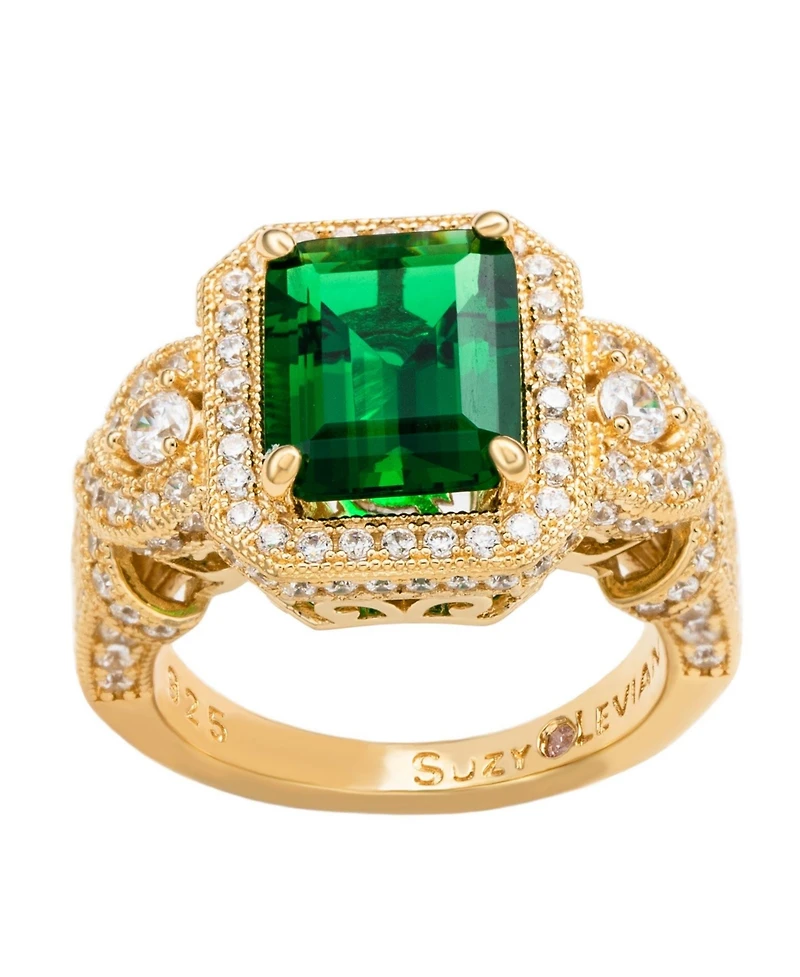 Suzy Levian Yellow Sterling Silver Emerald-Cut and White Cubic Zirconia Pave Ring