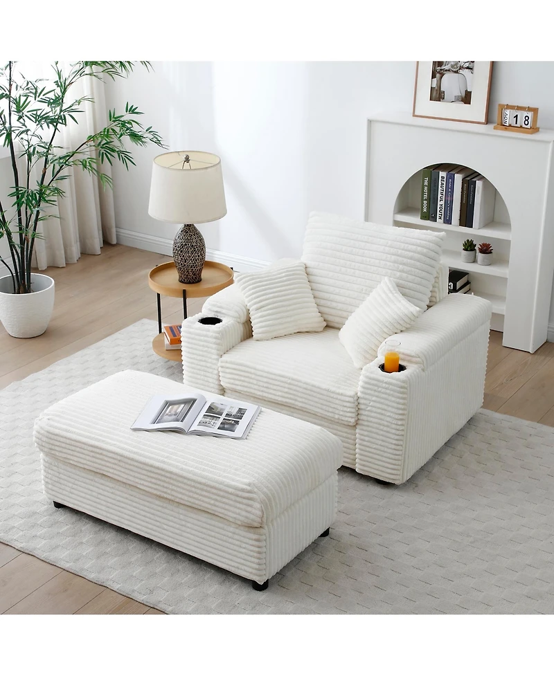 Streamdale Beige Accent Chair with Ottoman & Wide Armrests