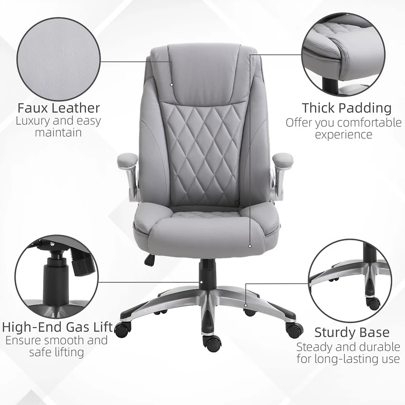 Vinsetto High Back 360 Swivel Ergonomic Home Office Chair with Flip Up Arms, Faux Leather Computer Desk Rocking Chair, Grey