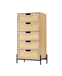 Modern Rattan 5 Drawers Dresser, Double Dresser For Bedroom