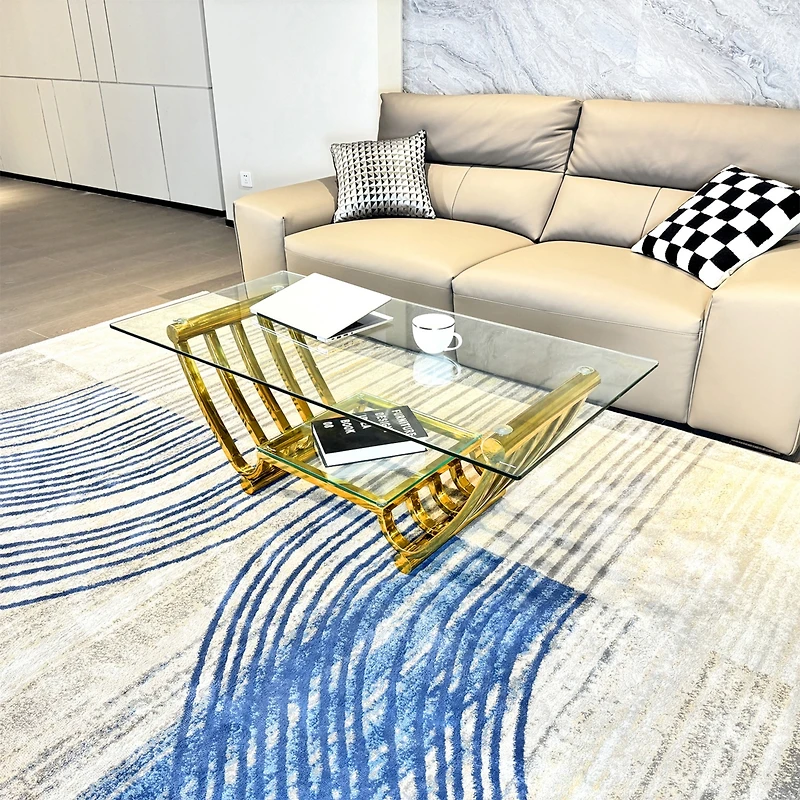 47" Rectangle Modern Stainless Steel Coffee Table, Double-Layer Clear Tempered Glass Coffee Table, Center Table Table with Storage, for Living Ro