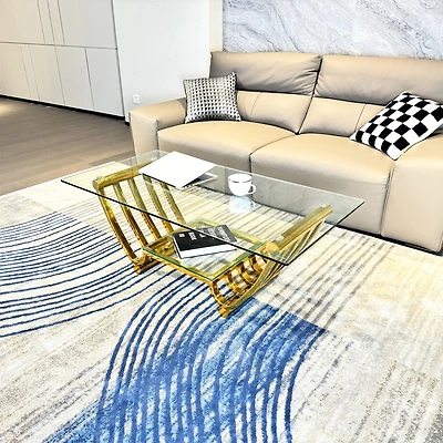 47" Rectangle Modern Stainless Steel Coffee Table, Double-Layer Clear Tempered Glass Coffee Table, Center Table Table with Storage, for Living Ro