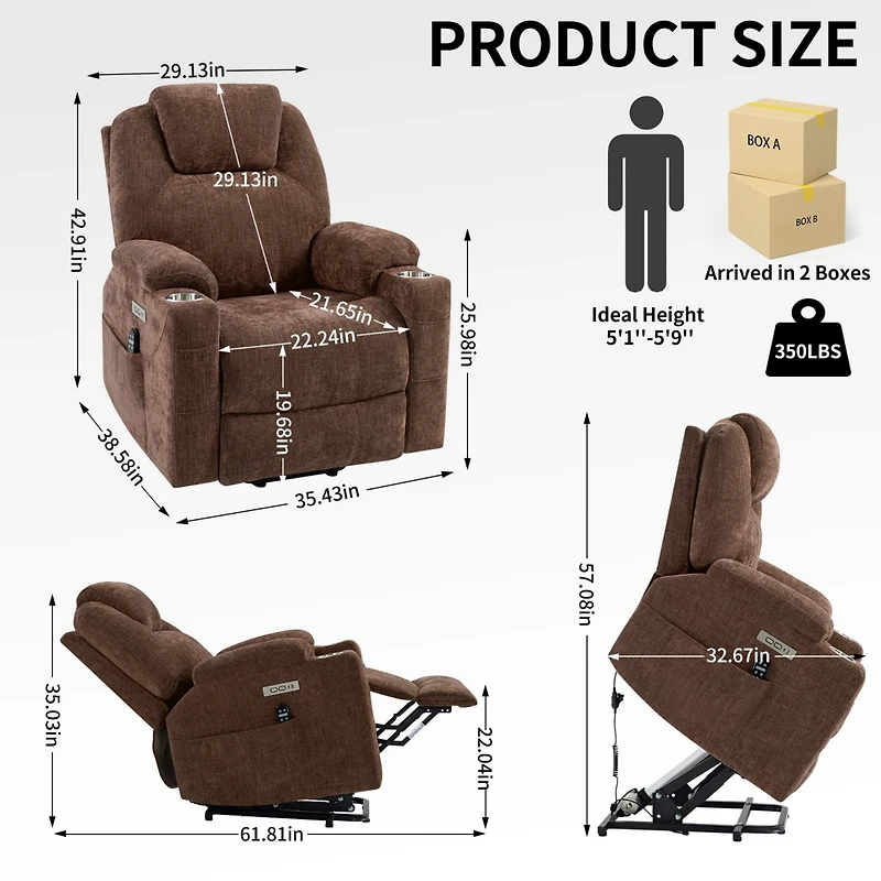 Up to 350 Lbs Power Lift Recliner Chair Heavy Duty Motion Mechanism with 8-Point Vibration Massage and Lumbar Heating, Usb and Type-c Ports
