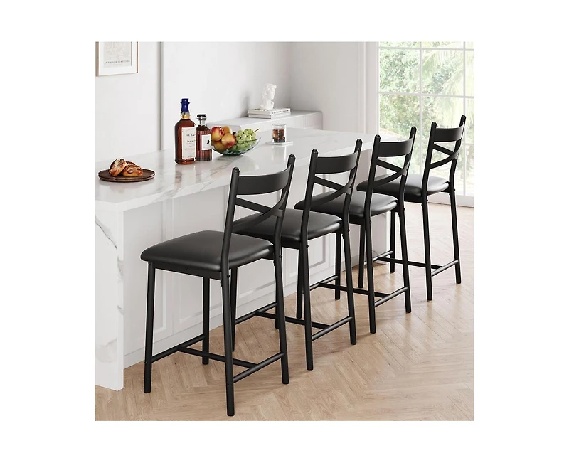 Bar Stools, Bar Chairs Set of 2, Modern Counter Bar Stools with Back & Footrest, Upholstered Island Chairs, Metal Frame Counter Height Barstool for Di