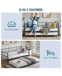 Twin Daybed with Pull-Out Trundle, Stylish Headboard and Metal Slats