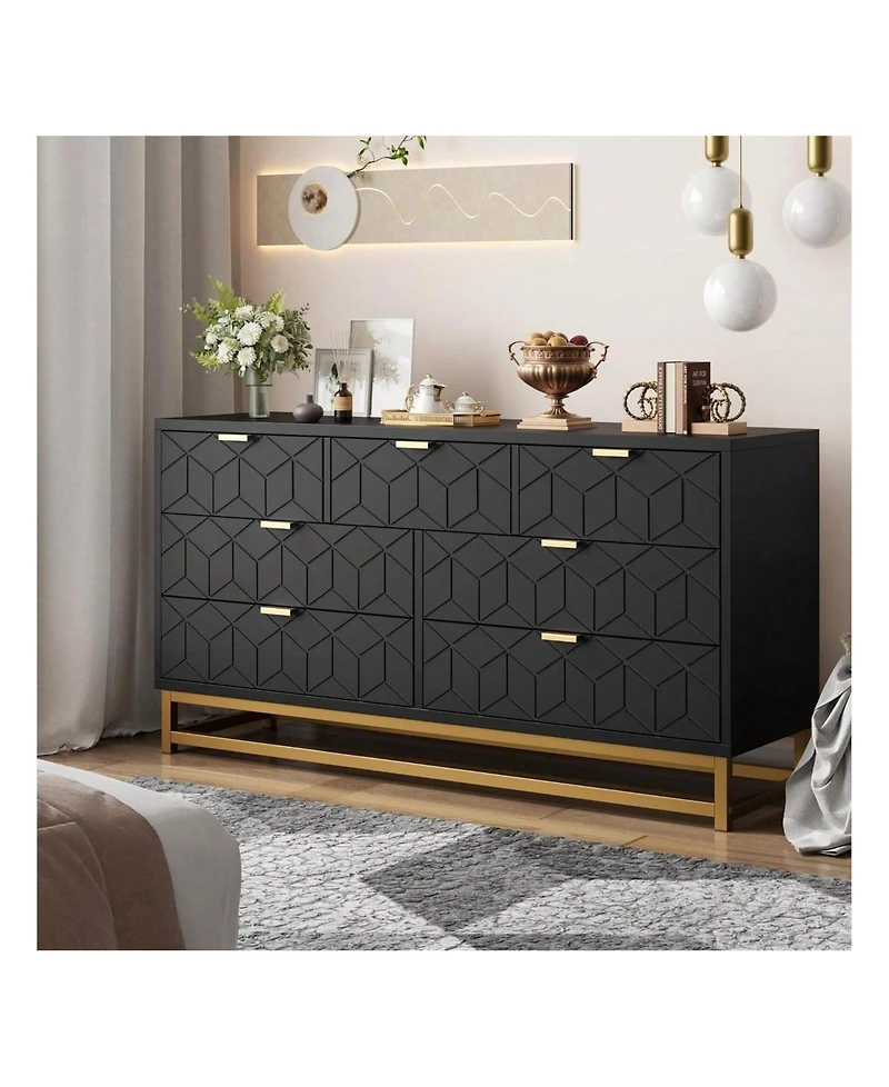 Dresser For Bedroom, Large 6/7 Drawer Dresser Organizer With Golden Metal Handle And Legs, Modern Chest Of Drawers, Large Dresser For Closet, Hallway,