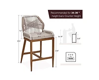Woven Outdoor Counter Height Bar Stools Chairs Set of 2, Rattan Garden Counter Stools with Aluminum Frame, Modern Barstool with Backrest for Kitchen