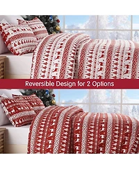gaomon Christmas Quilt Set Queen, 3-Piece Reversible Boho Bedspread with Christmas Tree, Reindeer & Snowflake Pattern, Lightweight All-Season Bedding