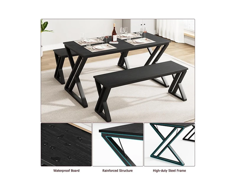 gaomon Dining Table Bench Set for 4, Kitchen Table Set with 2 Benches, Rectangular Dining Room Table Set with Sturdy Metal Frame