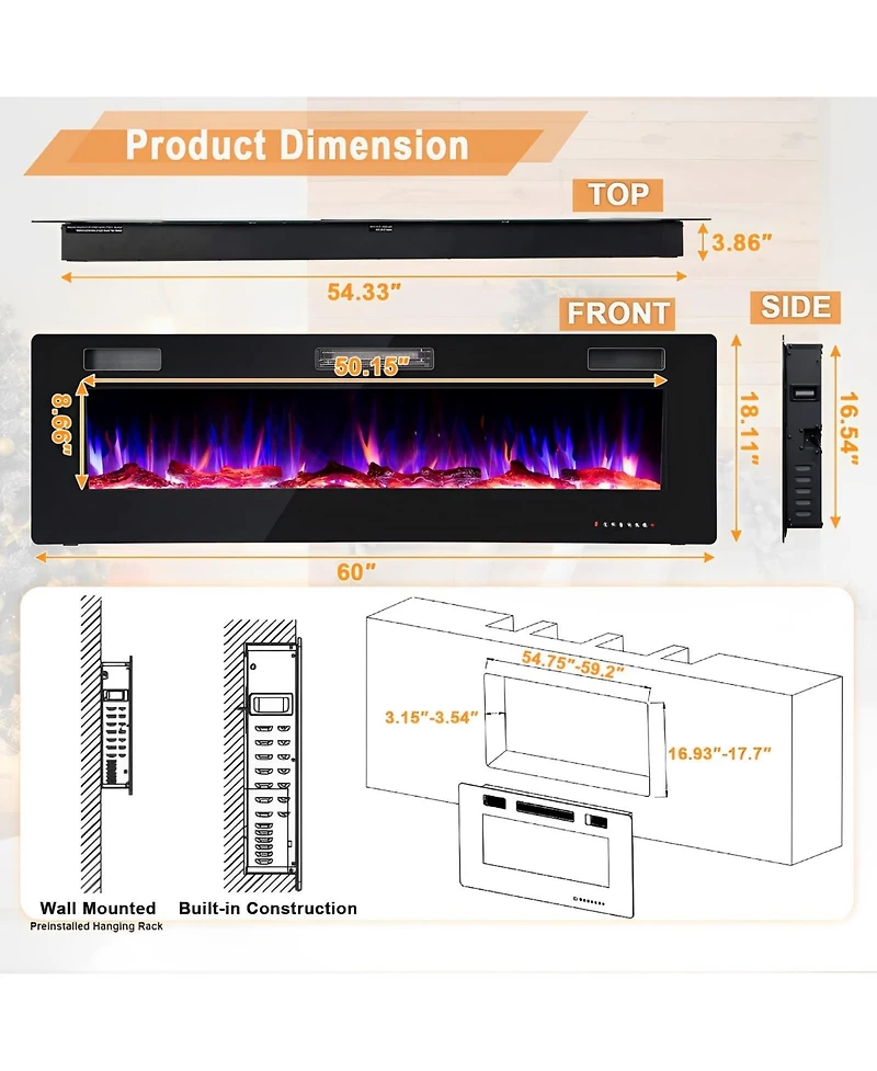 Sugift 60 Inches Ultra-thin Electric Fireplace with Remote Control and Timer Function