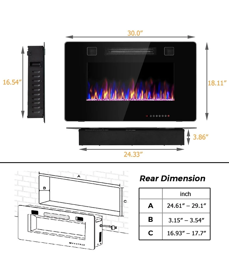 Sugift 30-Inch Recessed Ultra Thin Electric Fireplace Heater with Glass Appearance