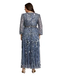 Mac Duggal Plus Long Sleeve Beaded Crystal Deep V Neckline Gown