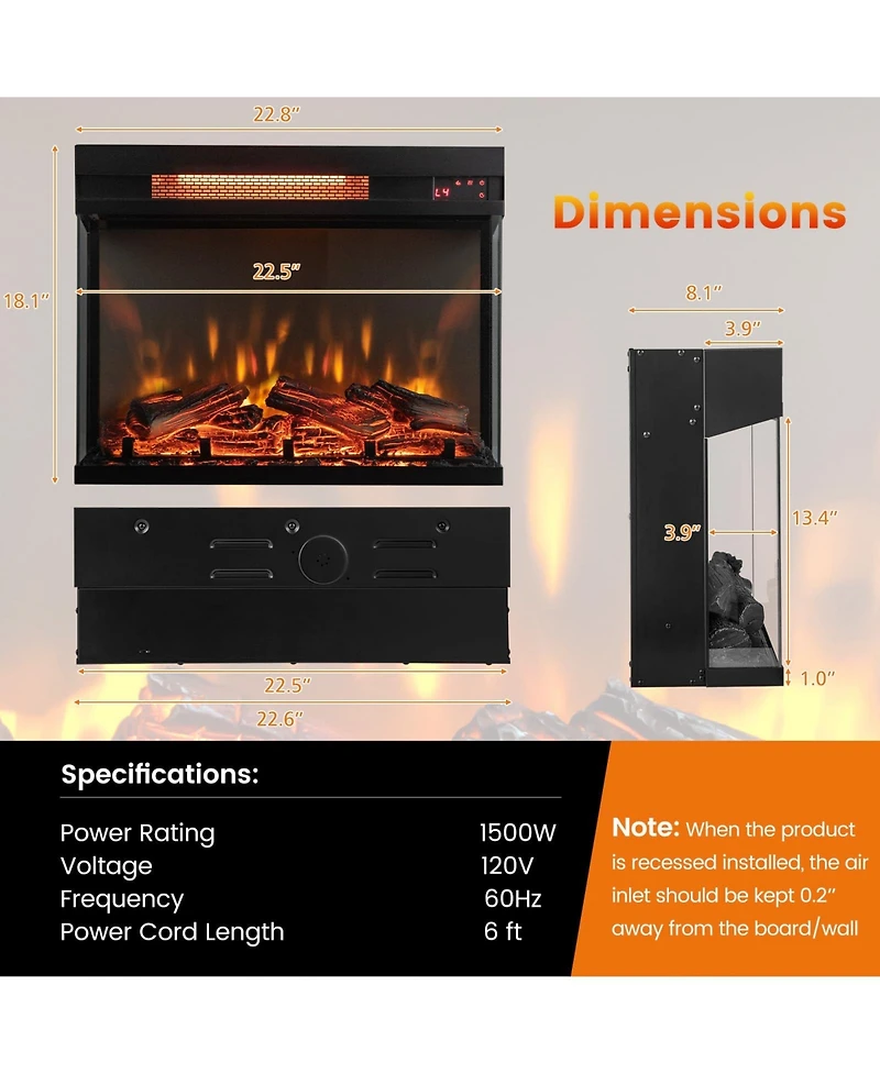 Sugift 23-inch 3-Sided Electric Fireplace Insert with Remote Control