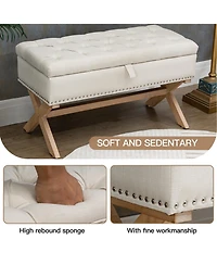 35 Inch Button-Tufted Storage Ottoman, Linen Storage Bench for End of Bed-The Pop Home