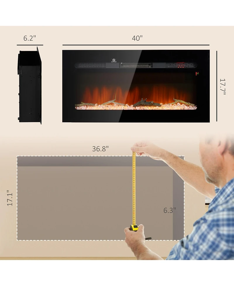 Homcom 40" Recessed or Wall Mounted Electric Fireplace w/ Remote Control