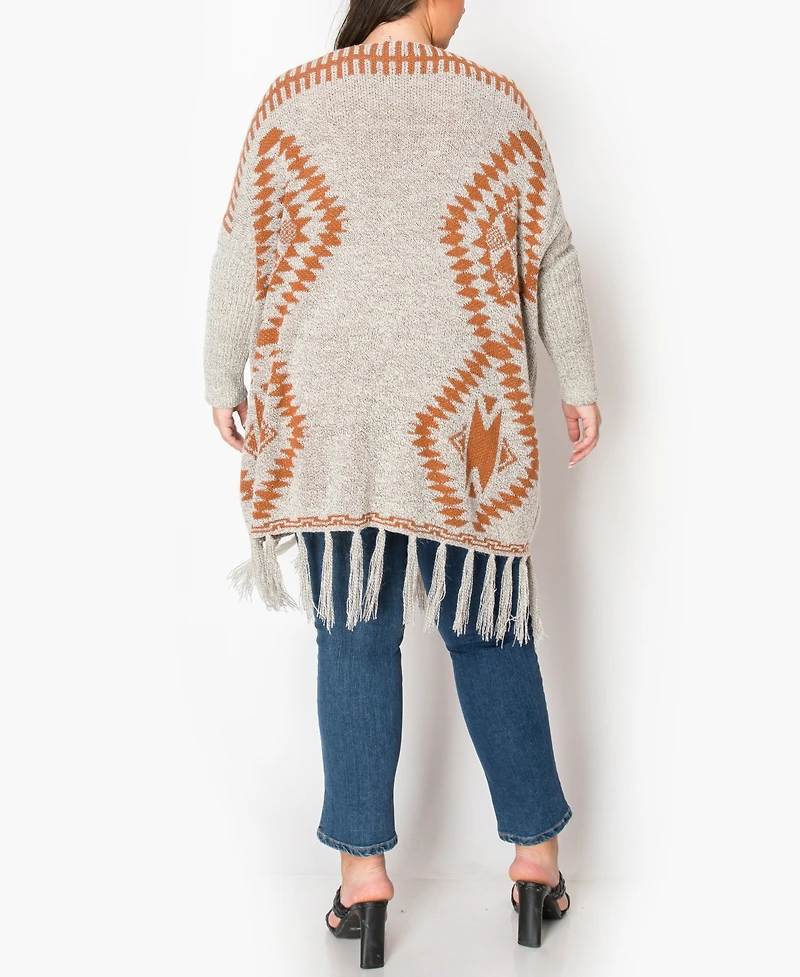 Coin 1804 Plus Tribal Cardigan Sweater with Fringe