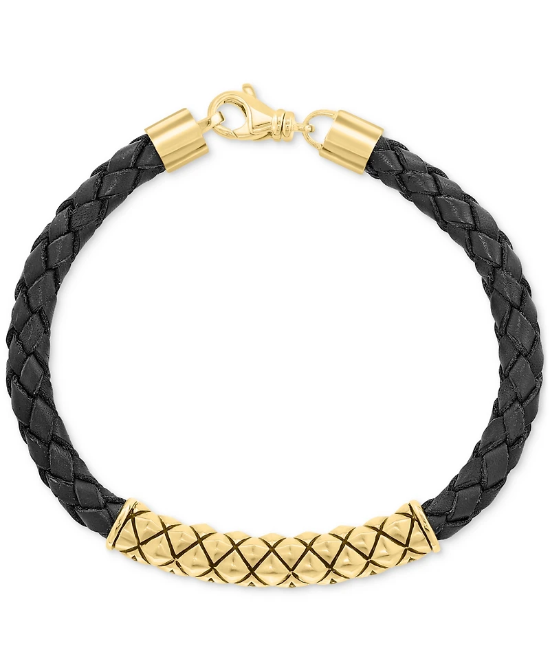 Effy Men's Sapphire (1/6 ct. t.w.) Braided Leather Bracelet in 18k Gold Over Sterling Silver