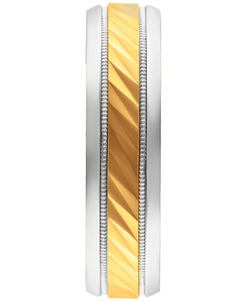 Men's Diagonally-Engraved Milgrain Detail Wedding Band Sterling Silver & 18k Gold-Plated