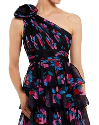 Mac Duggal Women's One Shoulder Printed Chiffon Tiered Ruffle Gown