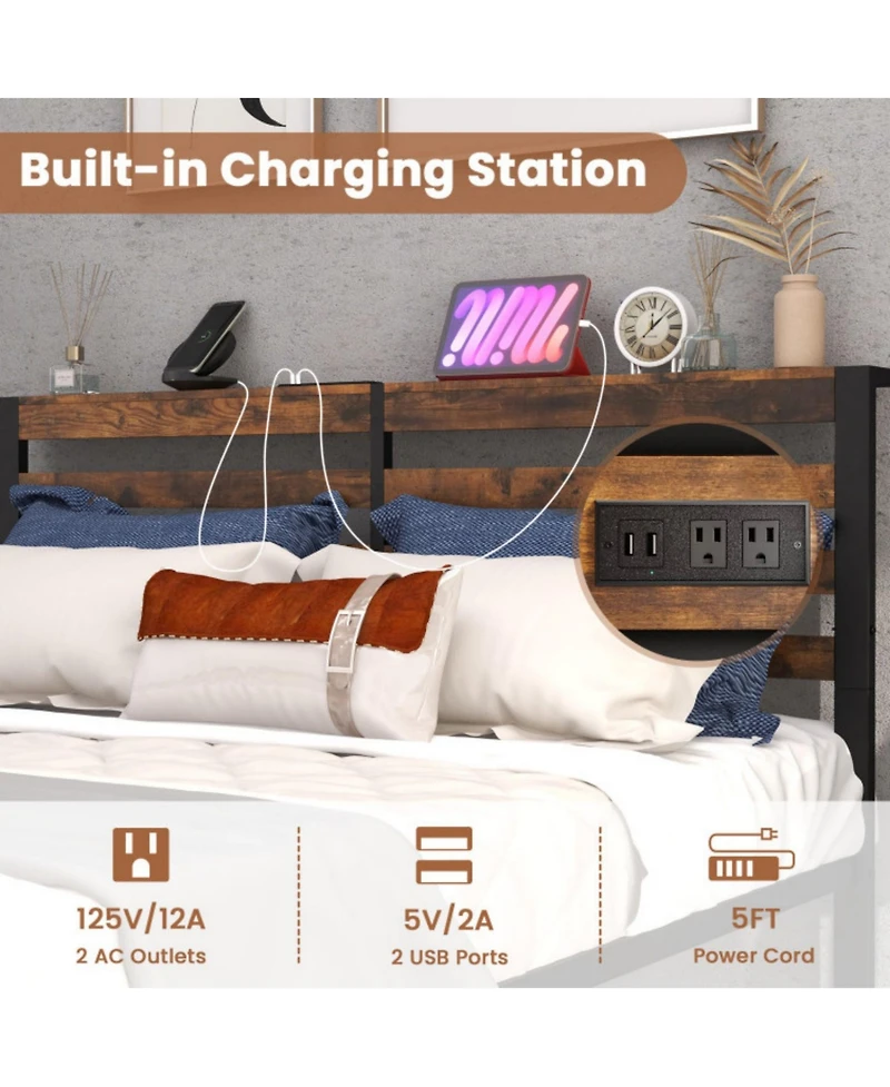 Sugift Queen Size Bed Frame with Charging Station and Storage Headboard